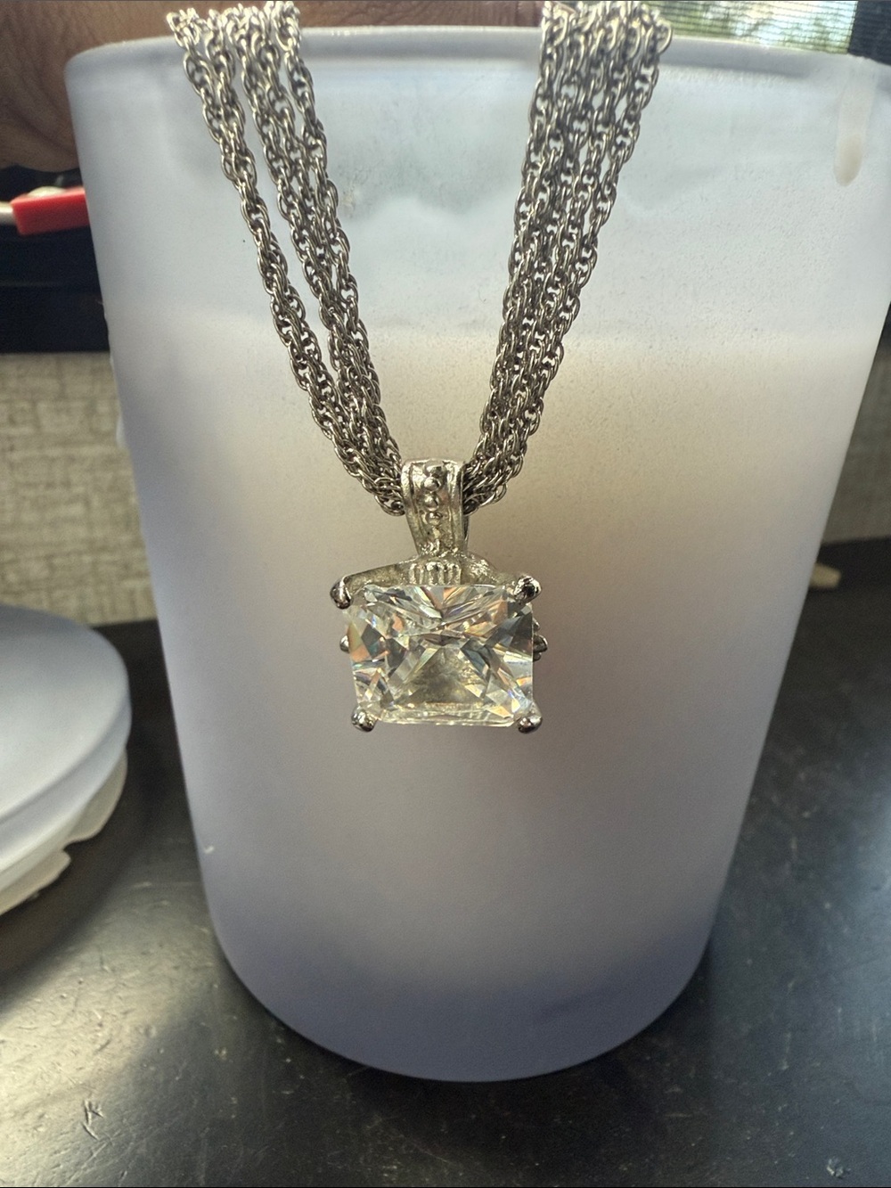 Silver Multi-Strand Necklace with Square Clear Pendant - Elegant Women’s Jewelry
